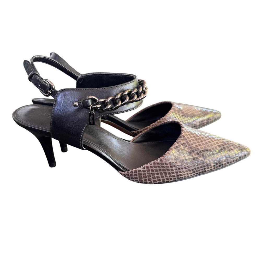 Coach Snakeskin Embossed Leather Slingback Heels Black Brown Chain Detail Sz 7B